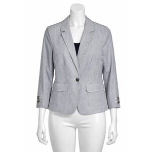Banana Republic 8 Petite Striped Shrunken Blazer Navy White Lined Cotton Jacket